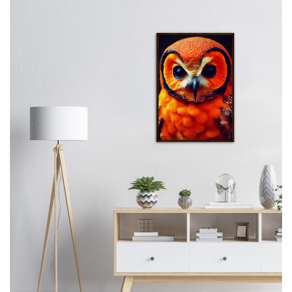 Poster mit Rahmen - Fruit Owl No. 1 - "Orangina", the orange owl - Serie Fruit Owls - Schleiereulen - lat. Tytonidae - Fruchteulen - Vogel - Bird - Strigiformes - Noctua - Ornithologie - Kunstwerk - Acryldruck - Poster mit Rahmen - Poster mit Leisten - Bedruckte Tassen - Kunst Marke - Art Brand - Pixelboys - Kunstdruck - Acrylbild - Wandbild - Kunstdrucke - Papier: 250g/qm - Künstler: John Grayst & Pixelboys - Eulen - Owl-  - Atelier - England - London - Birmingham - Manchester - Leeds - Liverpool  