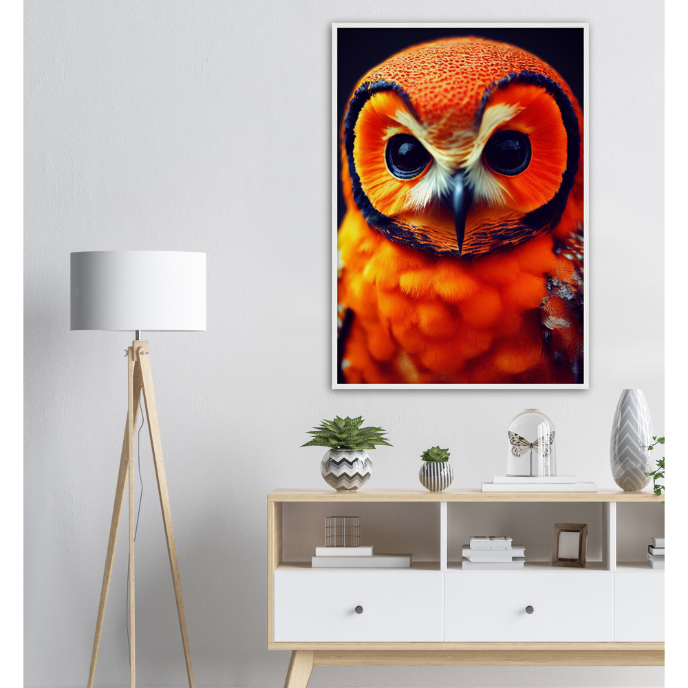 Poster mit Rahmen - Fruit Owl No. 1 - "Orangina", the orange owl - Serie Fruit Owls - Schleiereulen - lat. Tytonidae - Fruchteulen - Vogel - Bird - Strigiformes - Noctua - Ornithologie - Kunstwerk - Acryldruck - Poster mit Rahmen - Poster mit Leisten - Bedruckte Tassen - Kunst Marke - Art Brand - Pixelboys - Kunstdruck - Acrylbild - Wandbild - Kunstdrucke - Papier: 250g/qm - Künstler: John Grayst & Pixelboys - Eulen - Owl-  - Atelier - England - London - Birmingham - Manchester - Leeds - Liverpool  