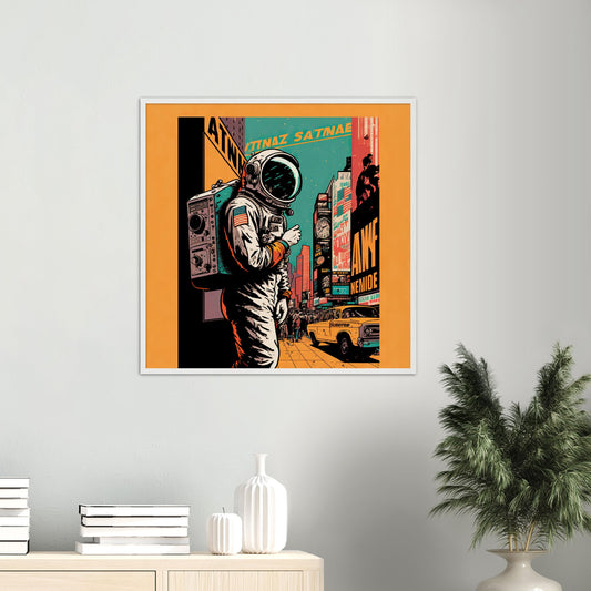 Poster mit Holzrahmen in Museumsqualität - Astronaut at the NY Time Square - Illustration - Astronaut - New York - Rocketman - Posterleisten - USA - Fineart - Posterrahmen  - Wandkunst - Holzrahmen - Poster with frame - artwork - art brand - printed cup personalized - Holzleisten - pixelboys - Kunstdrucke - wandbilder - wall art - Kunst auf Tassen  - Office Poster - Gastrotassen - Wanddekoration - Acrylkunst - Geschenkidee - Office Poster - Acryldruck - Abstrakte Kunst -