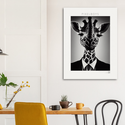 Poster - "The giraffe knows" - Business Animals No. 2 "Bridget" (Giraffe) - Künstler: "John Grayst" Kunstdruck - Wandbild - Pixelboys - Atelier - Milano - Berlin - Munich - Madrid - New York - Dubai - Paris - Tokio - Rom - Lisbon - Ottawa - Bern Switzerland - Amsterdam - Seoul - Vancouver - Antwerpen -